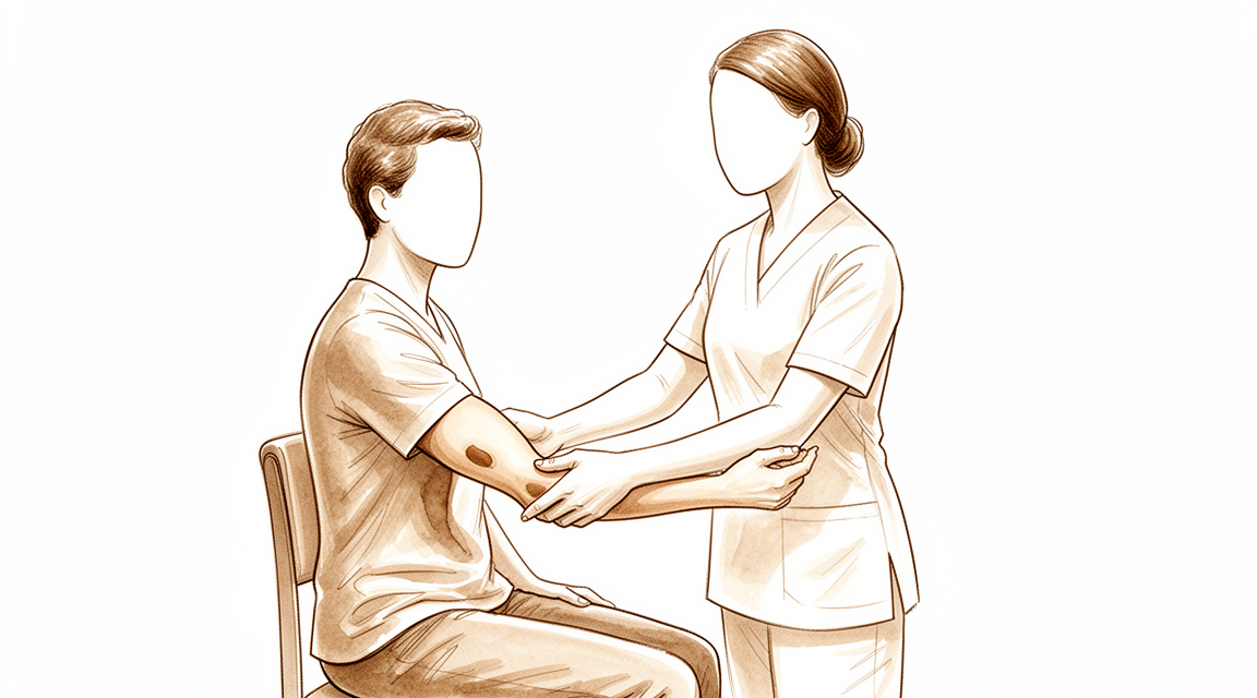 Illustration of a physiotherapist guiding a seated person's bent elbow, rotating the forearm gently outward.