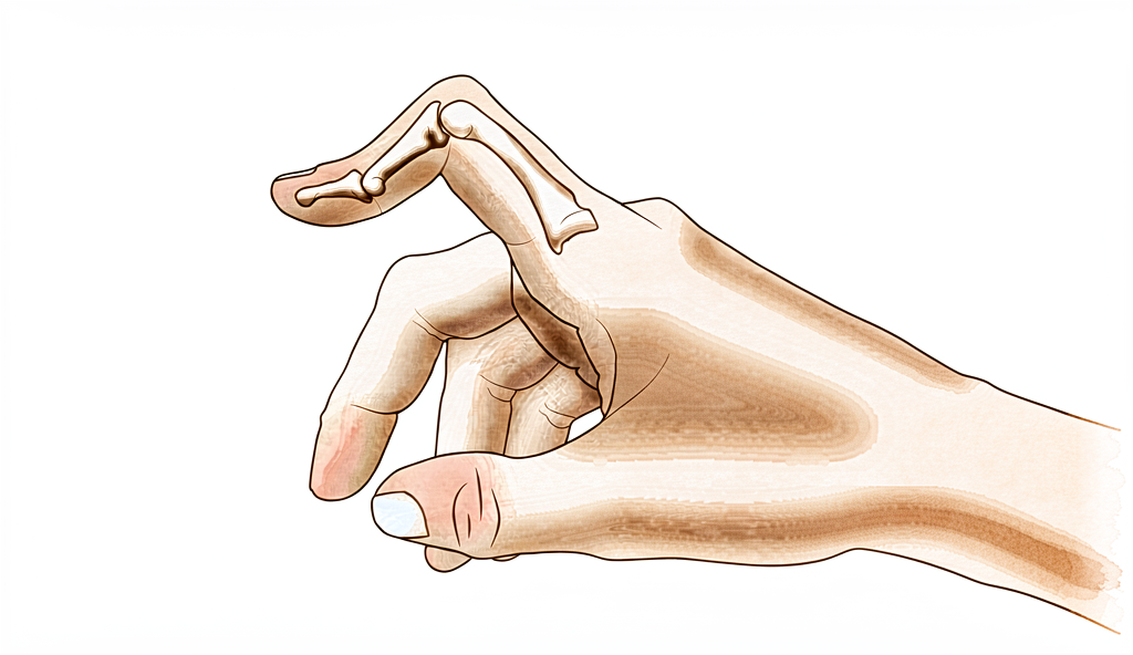 Illustration of a finger with a boutonniere deformity — the middle joint bent and the fingertip tilted back.