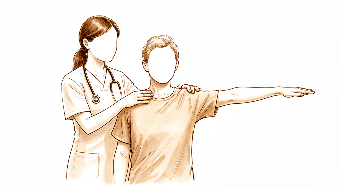 Illustration of a physiotherapist supporting a person's arm out to the side during a gentle lift.