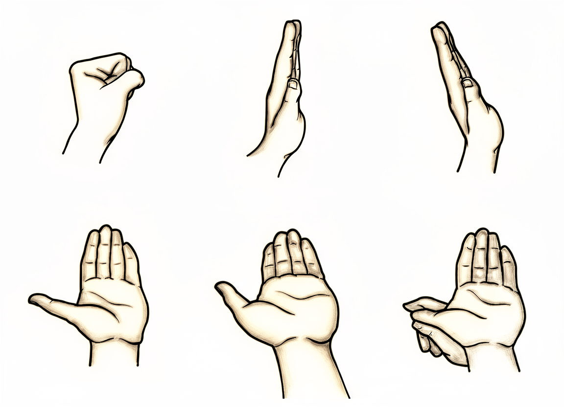 Six hand positions in sequence, moving from a fist to an open hand with the wrist and thumb progressively stretched back.