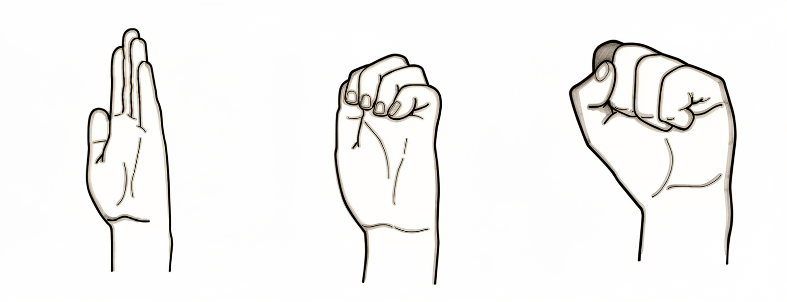 Three hand positions in sequence: fingers fully straight, hook position, tight fist with the thumb over the fingers.