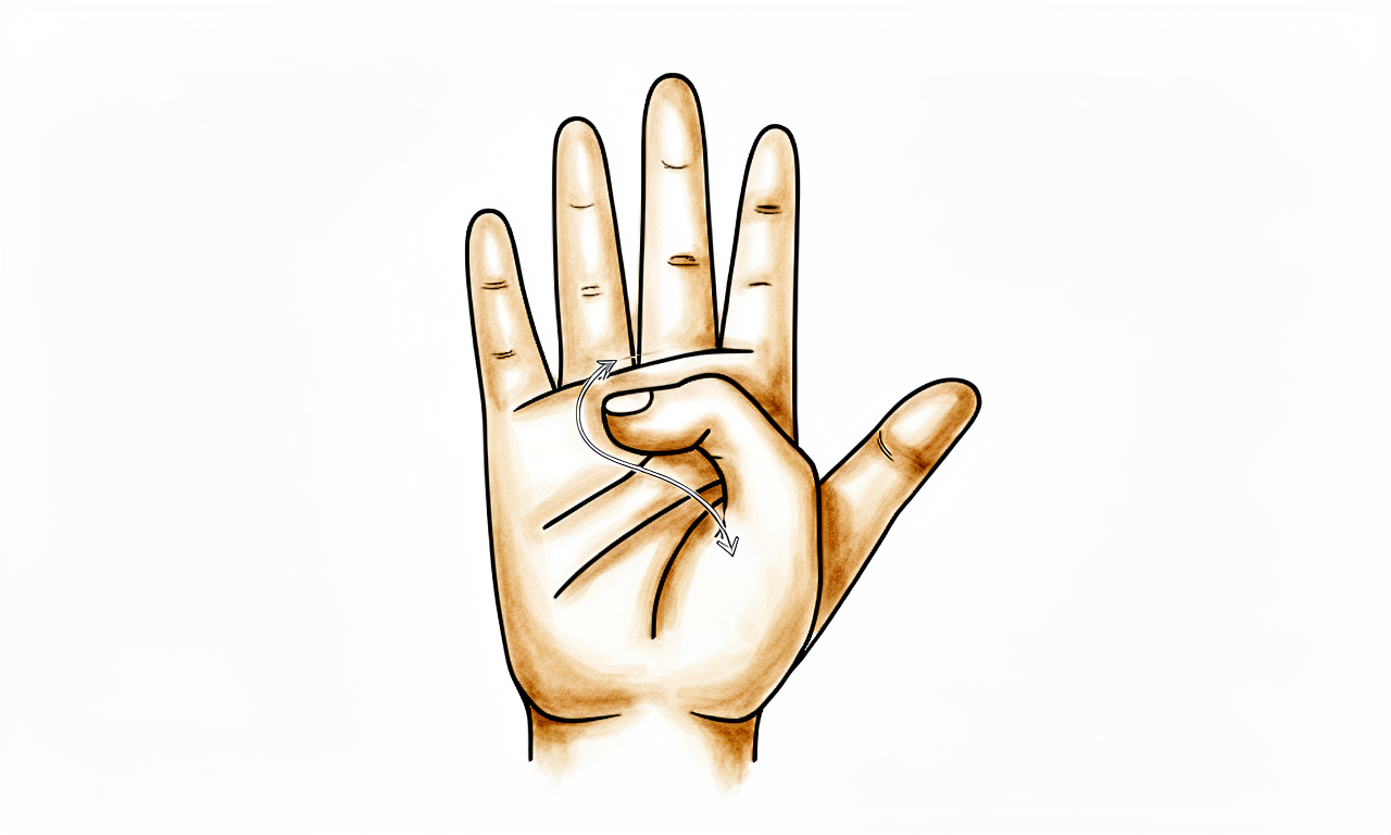 Move the thumb across the palm toward the base of the little finger, then straighten.
