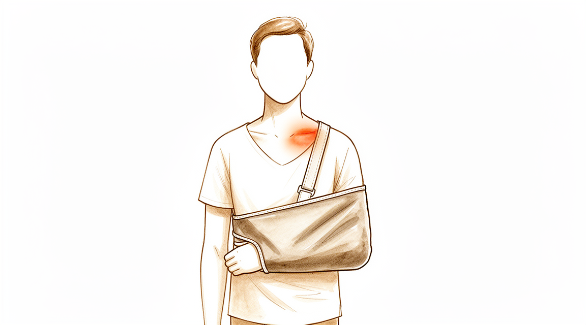 Illustration of a person standing with good posture, the arm resting in a sling.
