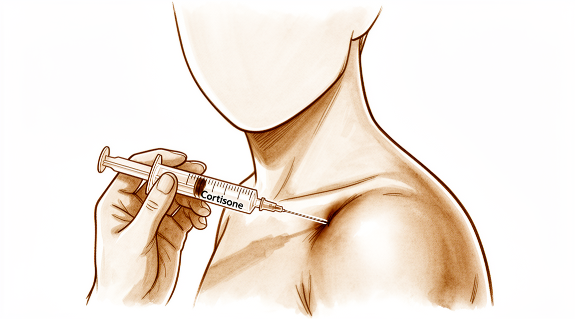 A syringe giving a cortisone injection into the front of a shoulder.