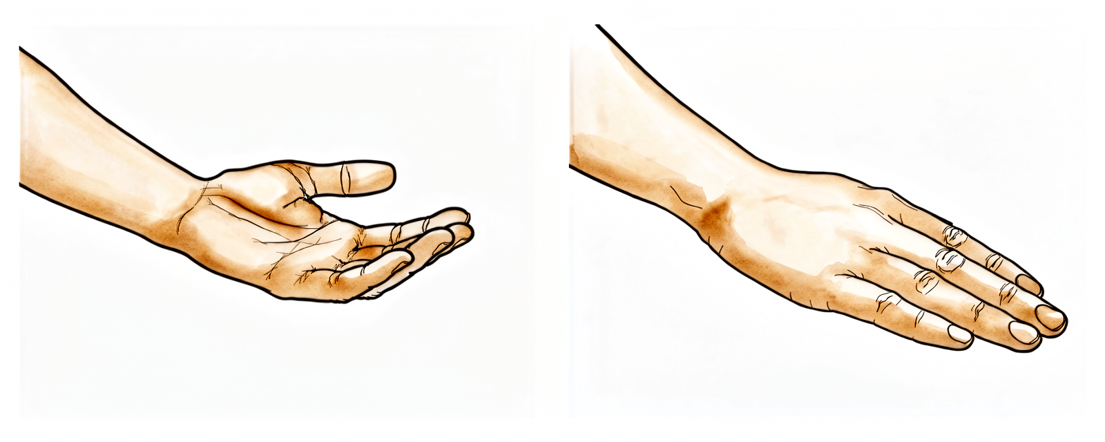 With the elbow by the side, the forearm rotates palm down (pronation) and palm up (supination).