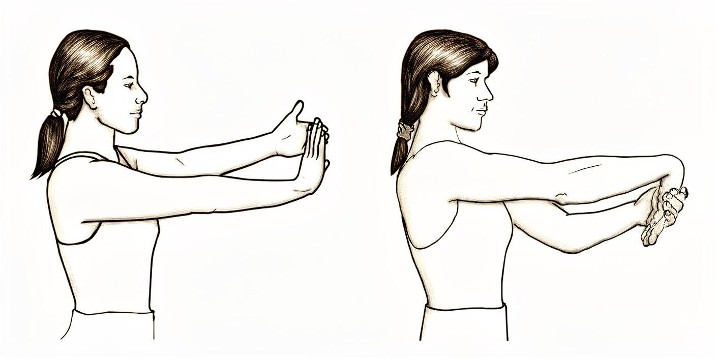 Wrist resting over the edge of a surface rocking up and down, and the other hand pushing the wrist back and forth.