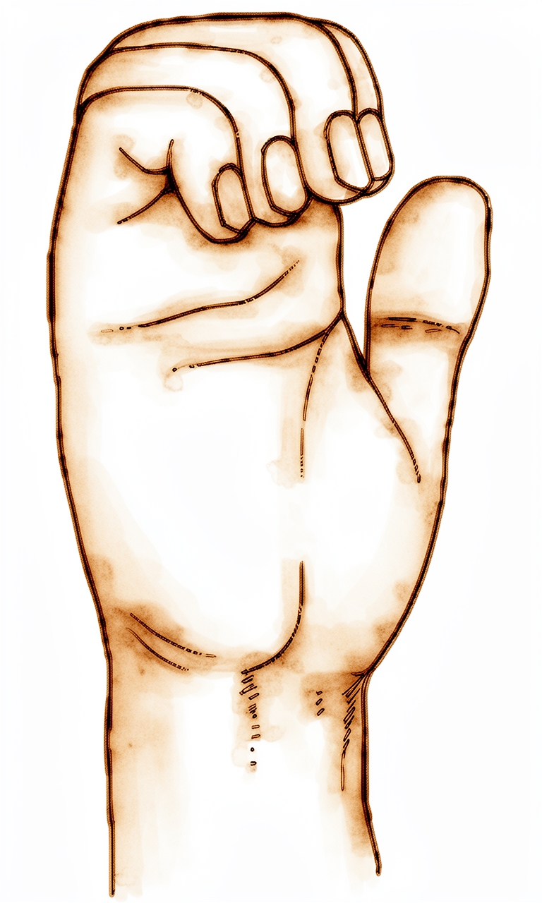 A pen held at the base of the fingers with the fingers curled around it.