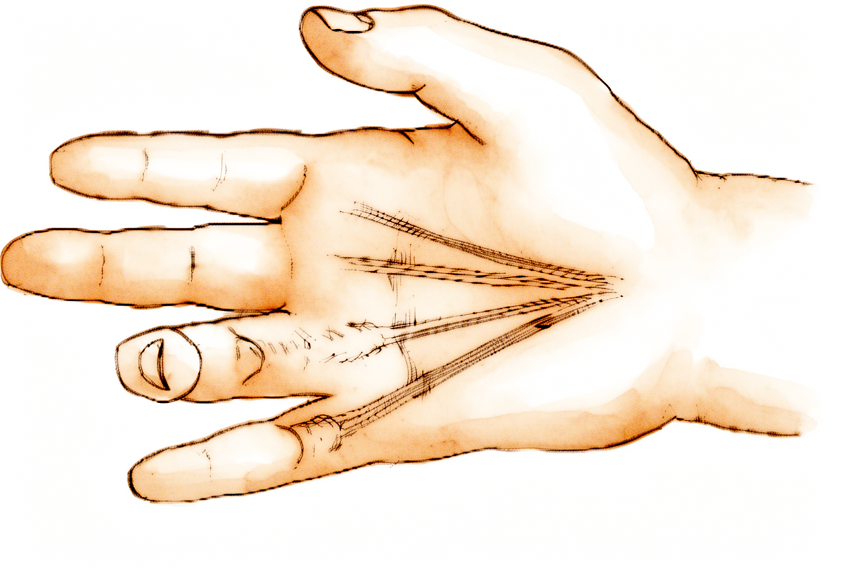 Dupuytren’s disease pulling the ring and little fingers into a bent position