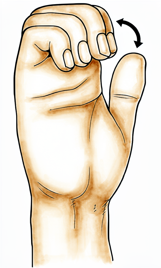 Curl the fingers around a pen held at the base of the fingers.