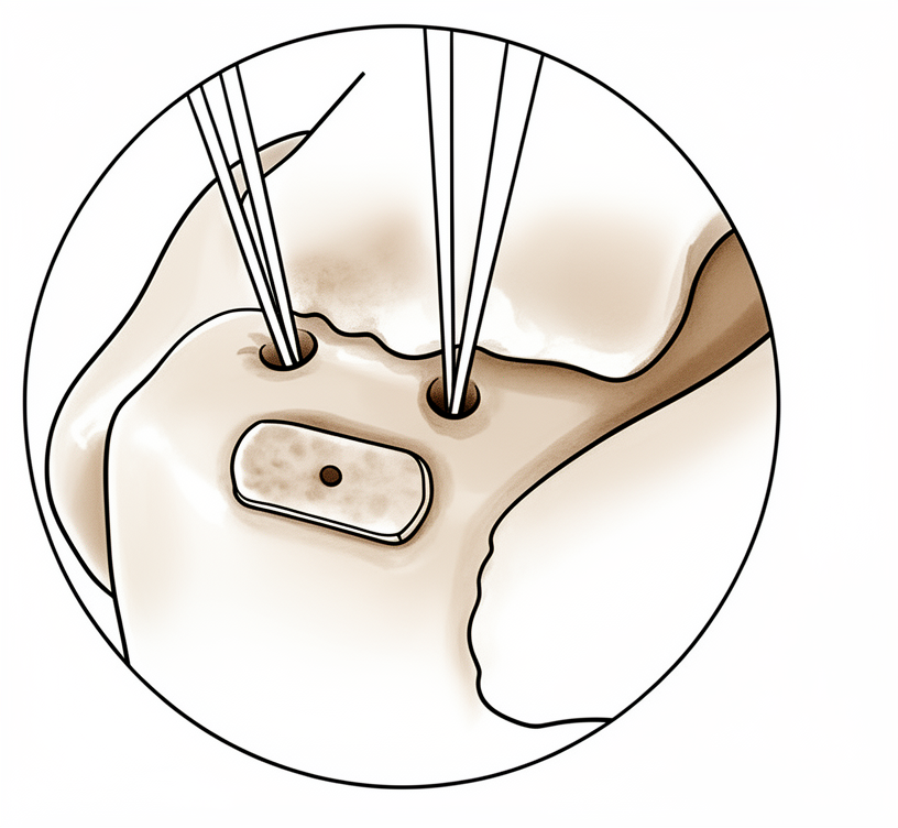 Diagram of a small biological scaffold strip placed at the rotator cuff repair footprint.