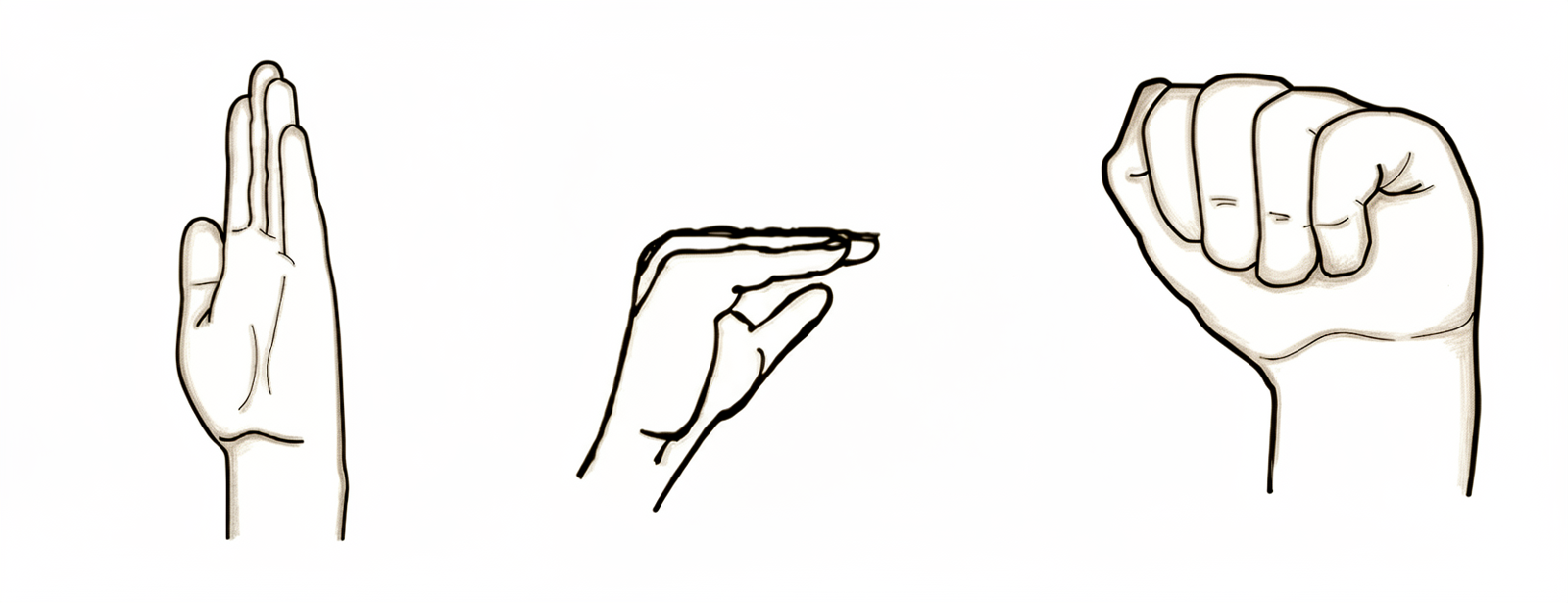 Three positions: fingers fully straight, tabletop position bending at the bottom knuckles, then fingertips bent to the palm.