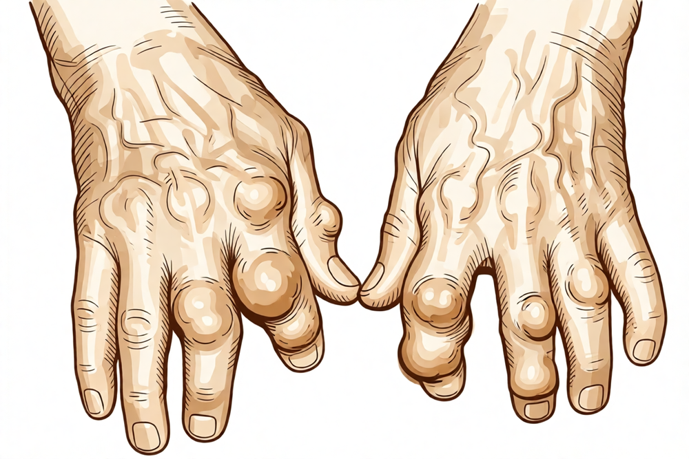 Illustration of two hands with firm lumps (tophi) of chronic tophaceous gout at several finger joints.