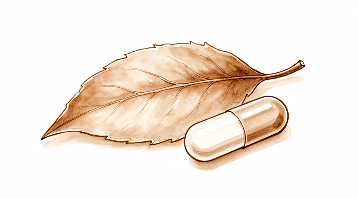 A supplement capsule beside a leaf.