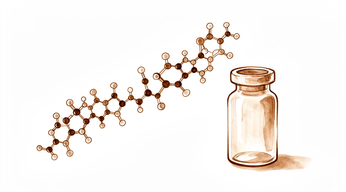 A peptide molecular chain beside a small vial.