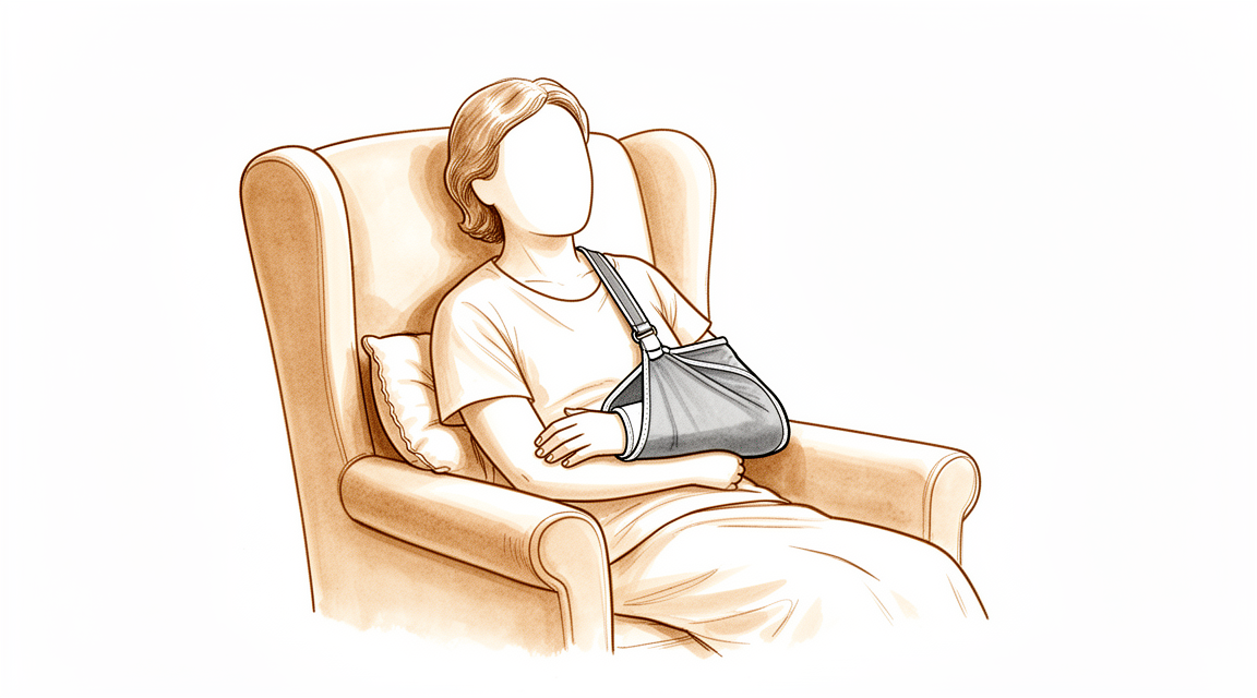Illustration of a person resting with the arm supported in a sling.