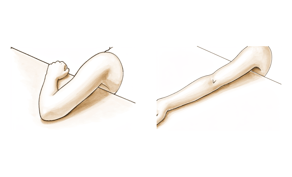 Straightening the elbow under its own muscle power against gravity.