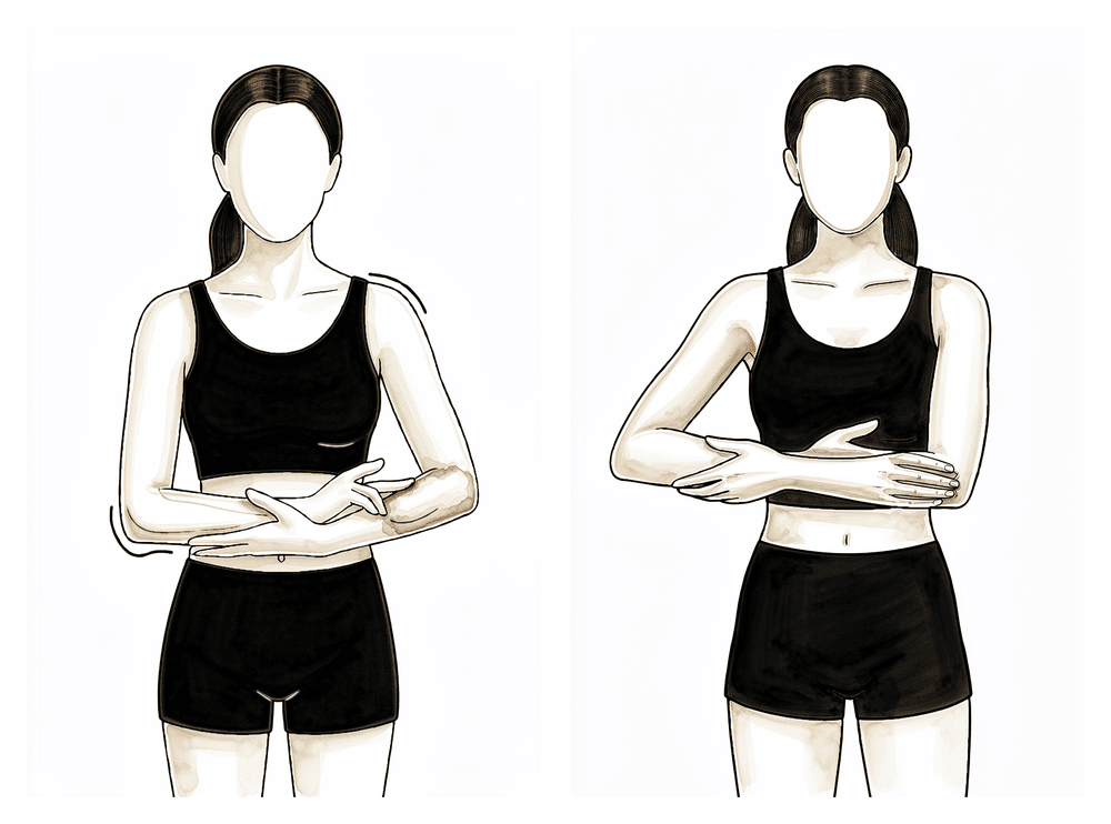 Cradling the operated forearm with the other arm and lifting both out to the side.