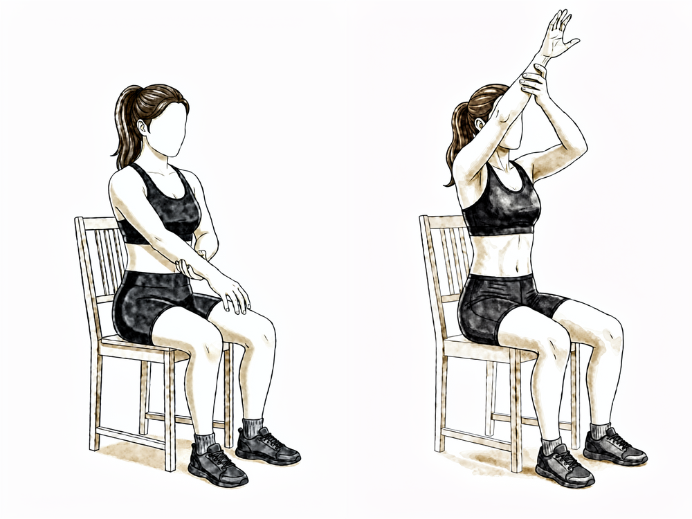 Sitting and leaning forward, the good hand cradles and lifts the operated arm forwards and up in front of the body.
