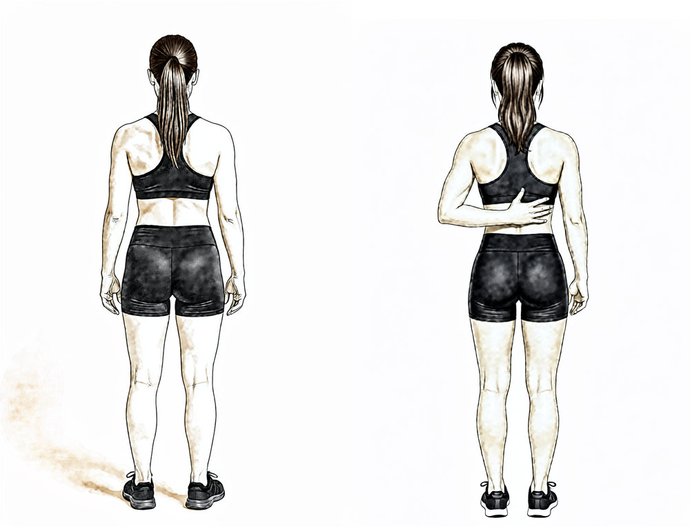 Standing, the operated hand reaches behind the back and slides gently up the spine.