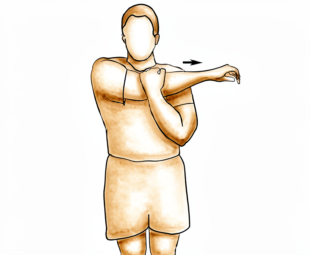 The operated arm is drawn gently across the chest with the other hand.