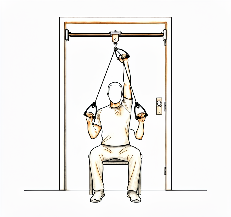 Seated beneath an over-door pulley, one arm raising the other.