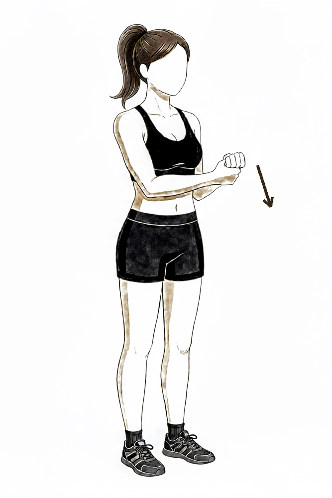 Gently tightening the triceps muscle at the back of the arm without moving the elbow.