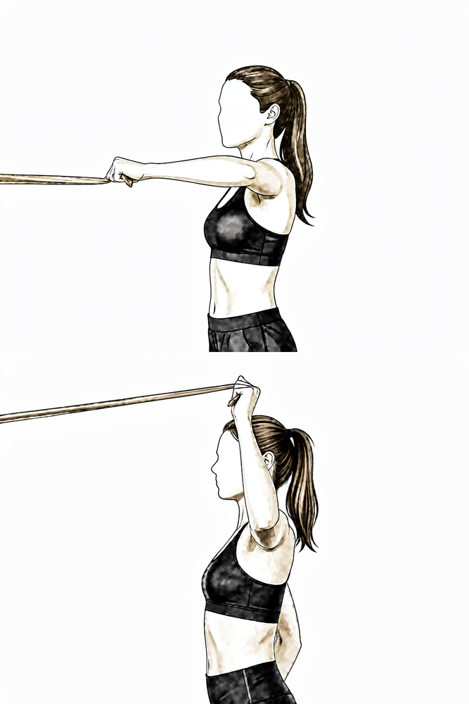 Arm out to the side at shoulder height, elbow bent to a right angle, the forearm rotating back and up against resistance.