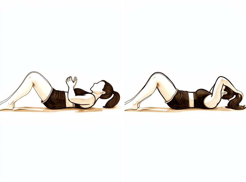 Both hands clasped behind the head, easing the elbows outwards and back.