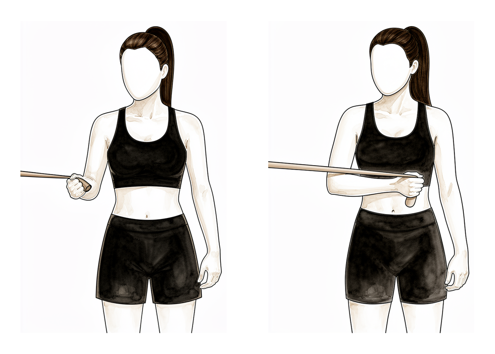 Standing with the elbow tucked at the side, pulling an elastic band inwards across the body.