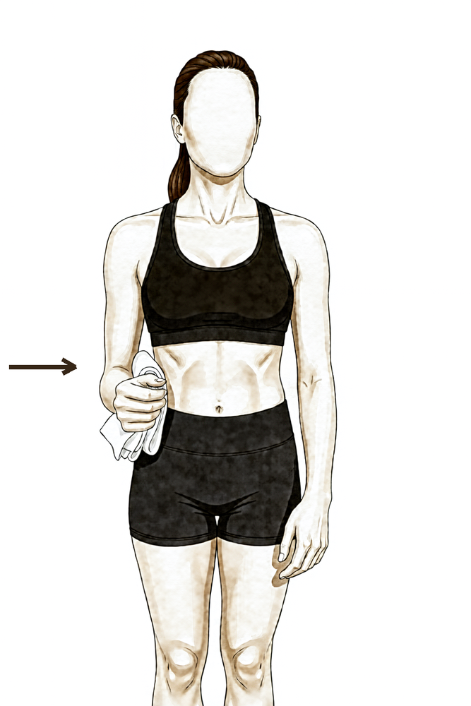 Standing with the elbow at the side, the upper arm presses inward against a rolled towel without moving.