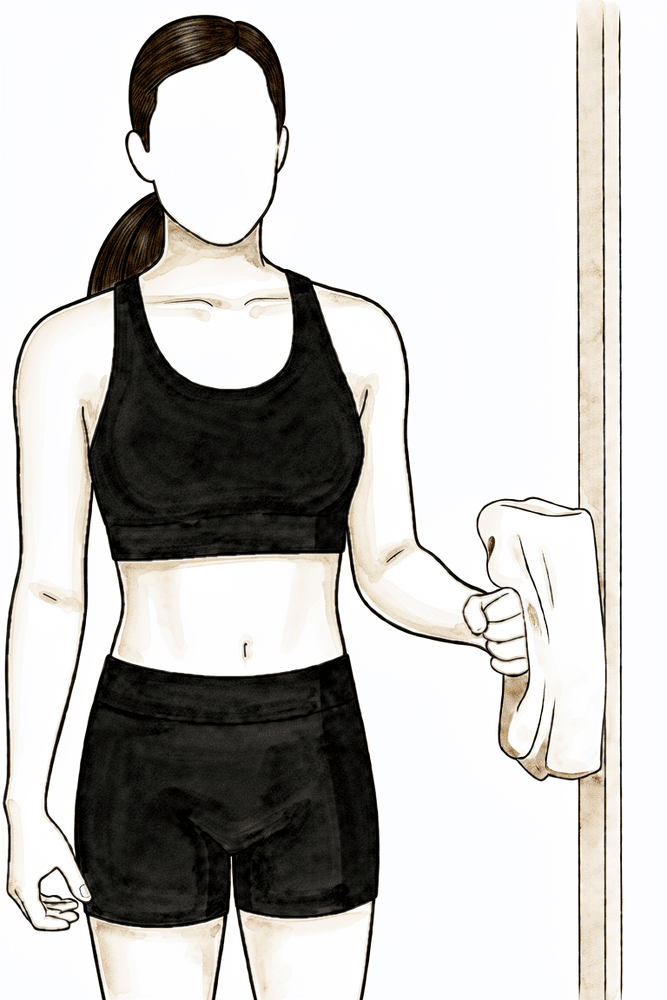 Standing with the elbow at the side, pressing the back of the hand into a wall or doorframe without moving.