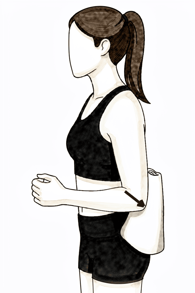 Standing with the back of the elbow against a wall, pressing the arm gently backwards without moving.