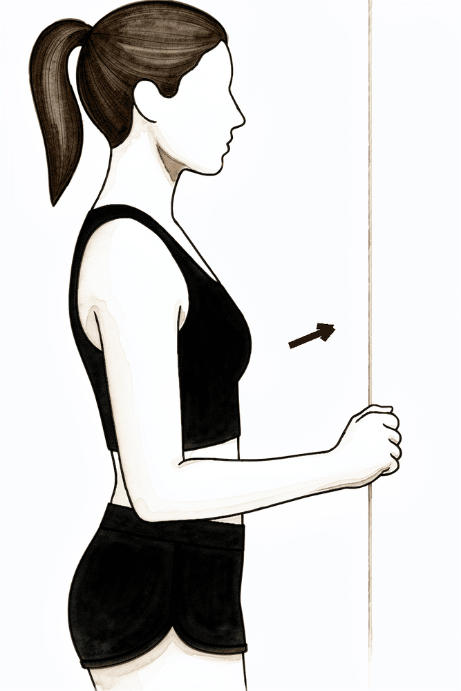 Standing facing a wall, pressing the front of a closed fist into it without moving the arm.