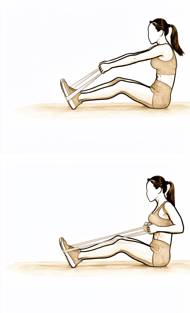 Pulling the elbow back and down against a band held in front, squeezing the shoulder blade.