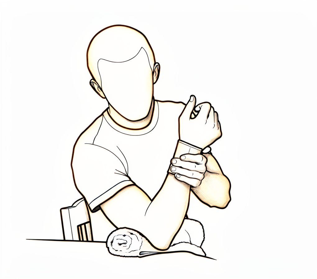 The other hand supporting and bending the operated elbow while that arm stays relaxed.