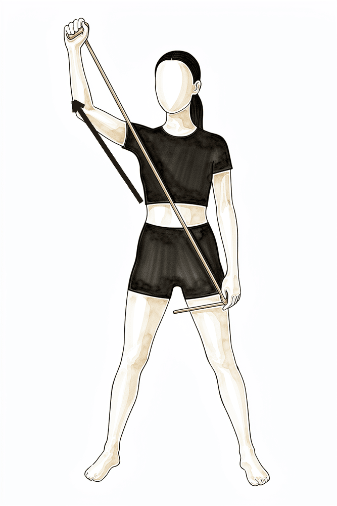 Pulling an elastic band on a diagonal from low across the body up and overhead.