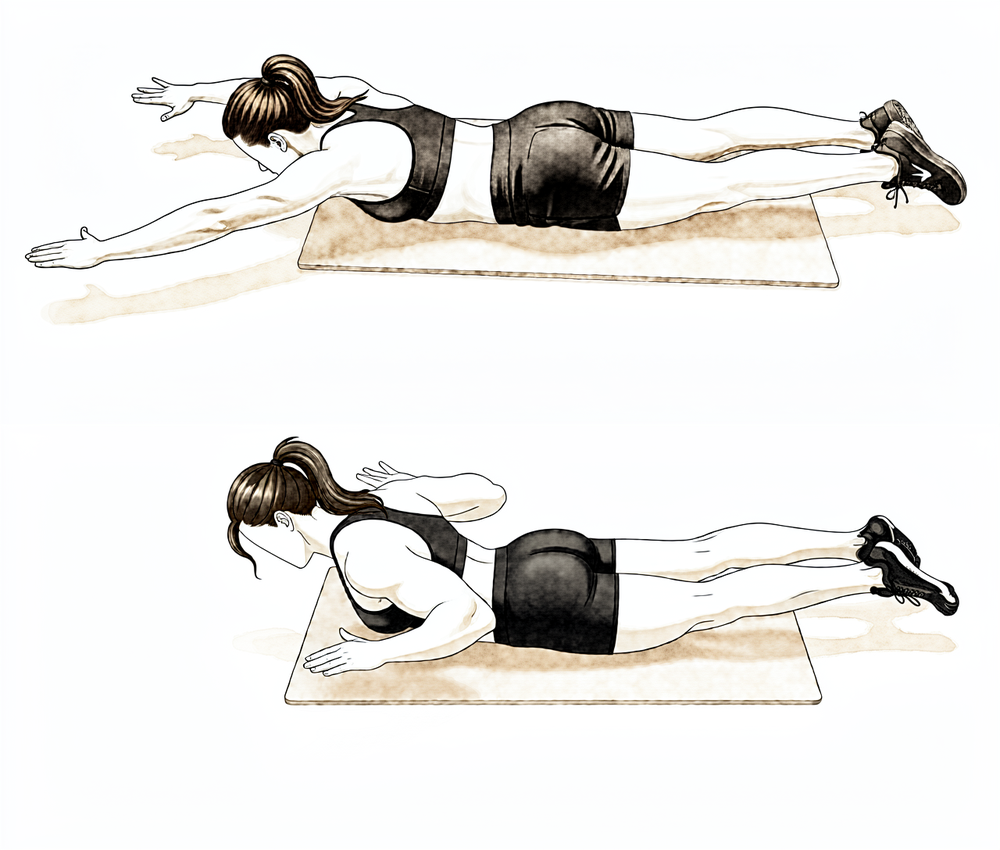 Lying face down, the elbow is drawn up towards the ceiling in a rowing motion.