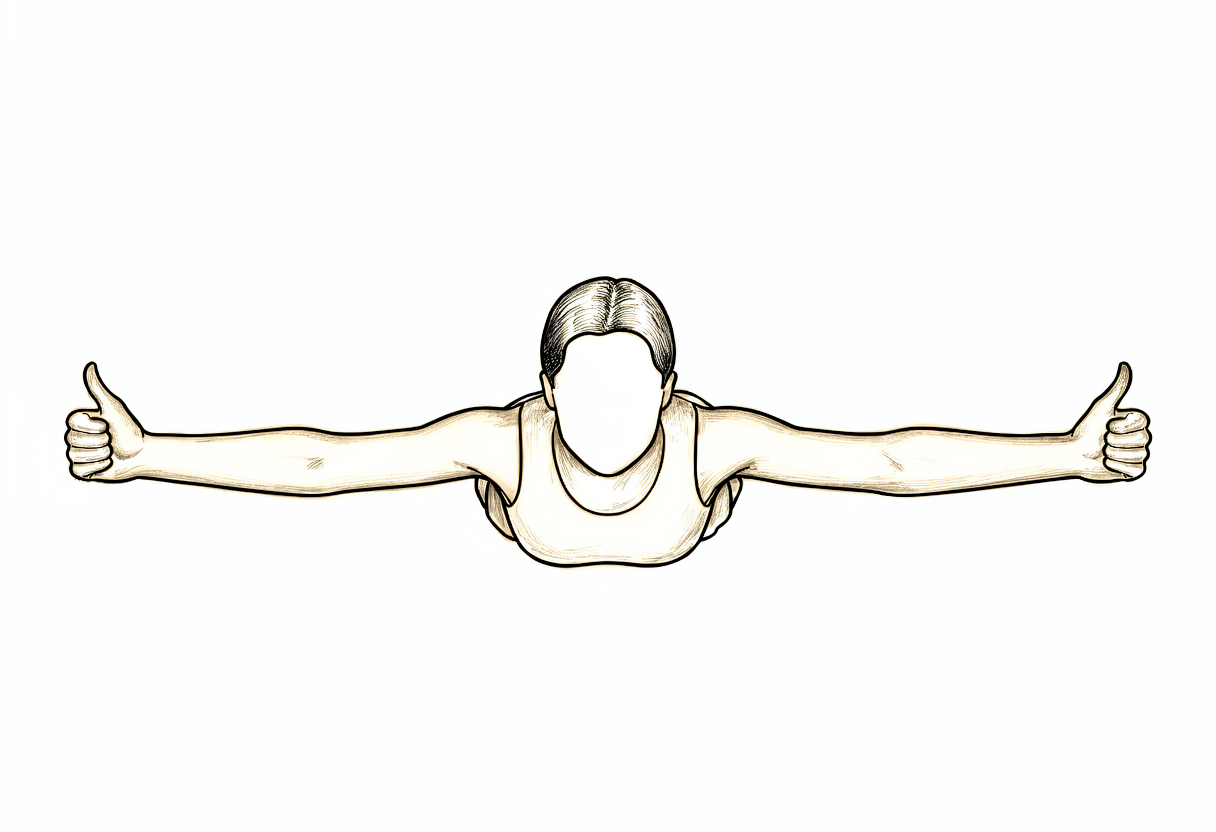 Lying face down with the arms lifted out to the sides in a T shape.