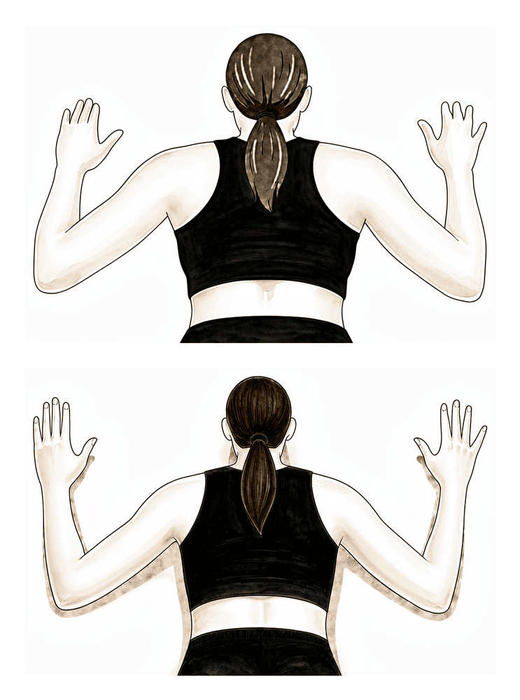 Lying face down, bending the elbows and drawing them back to form a W shape.