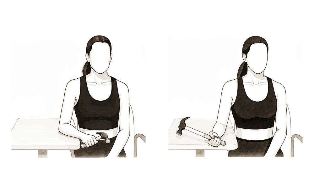 Forearm supported, turning a light weight or hammer-shaped object so the palm faces up then down.