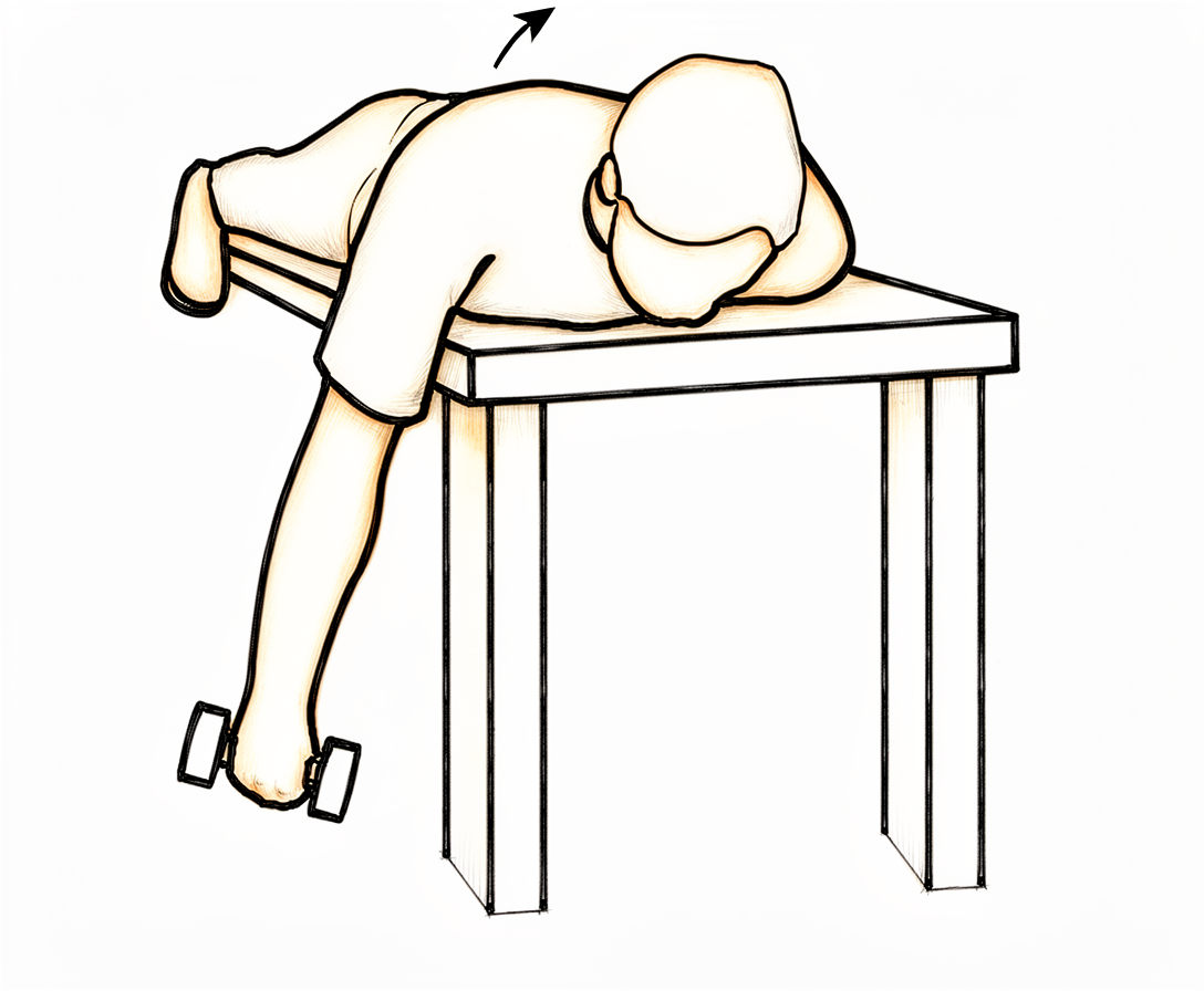 Leaning on a table with one arm while the other hand rows a small weight, pinching the shoulder blade.