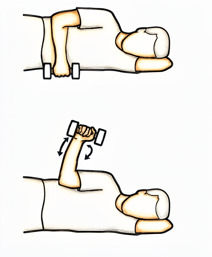 Lying on the non-operated side, rotating the top forearm up towards the ceiling holding a small weight.