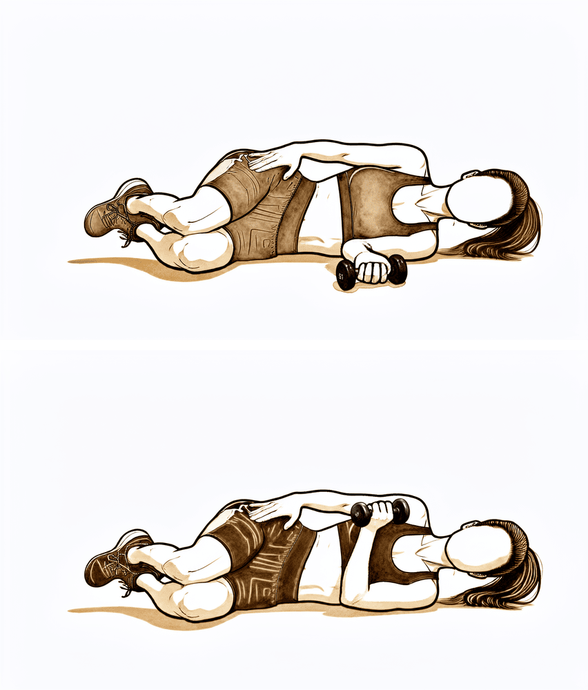 Lying on the operated side, lifting a small weight by rotating the forearm up towards the body.