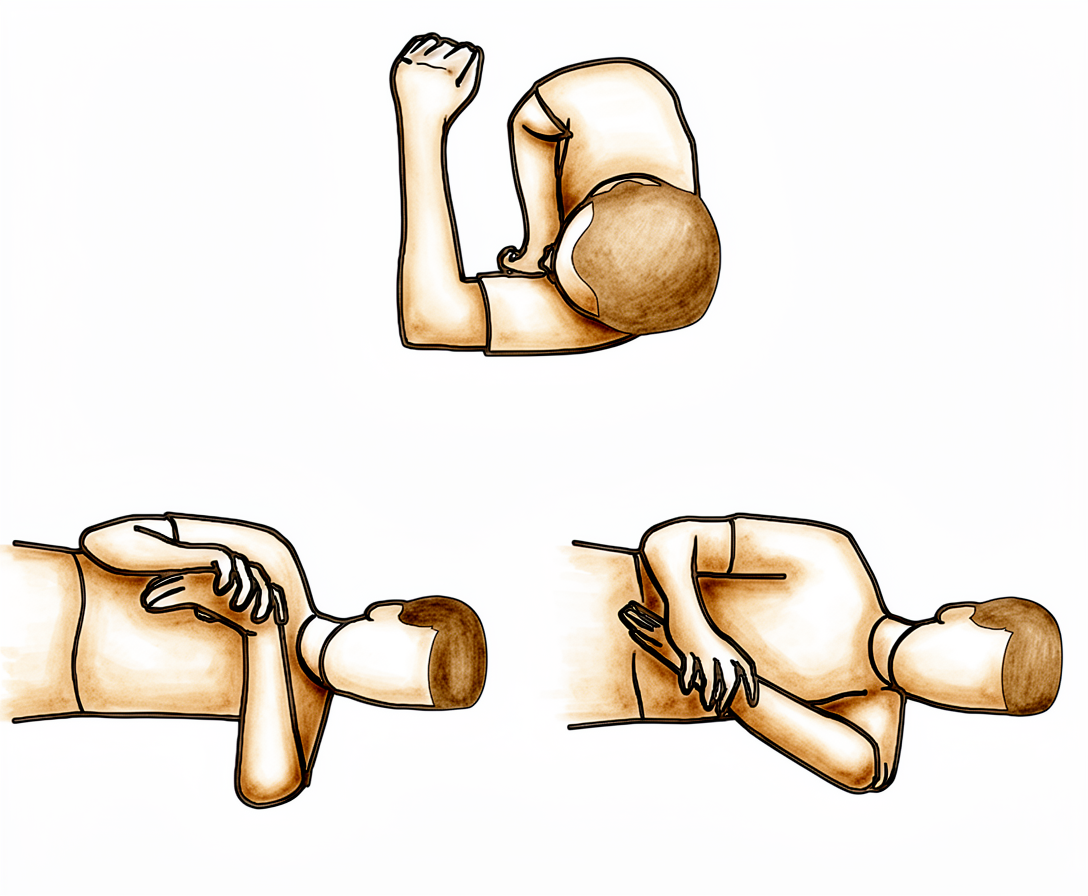 Lying on the operated side with the arm out in front, the other hand presses the forearm gently down.