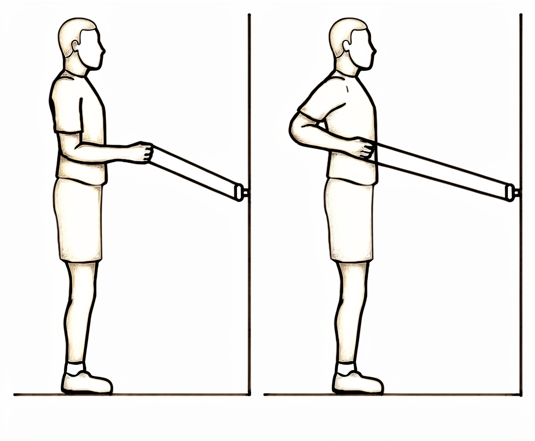 Standing, pulling an elastic band back towards the body.