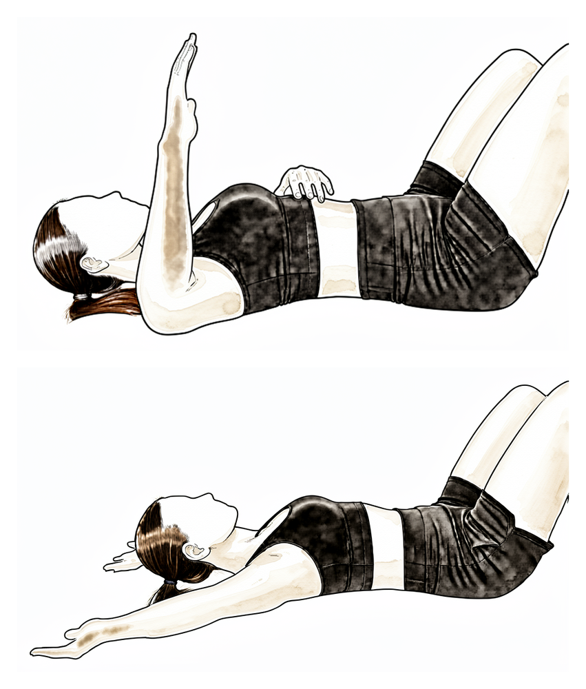Lying on the back, the arm out to the side at shoulder height with the elbow bent to a right angle, the forearm rotating back towards the head.