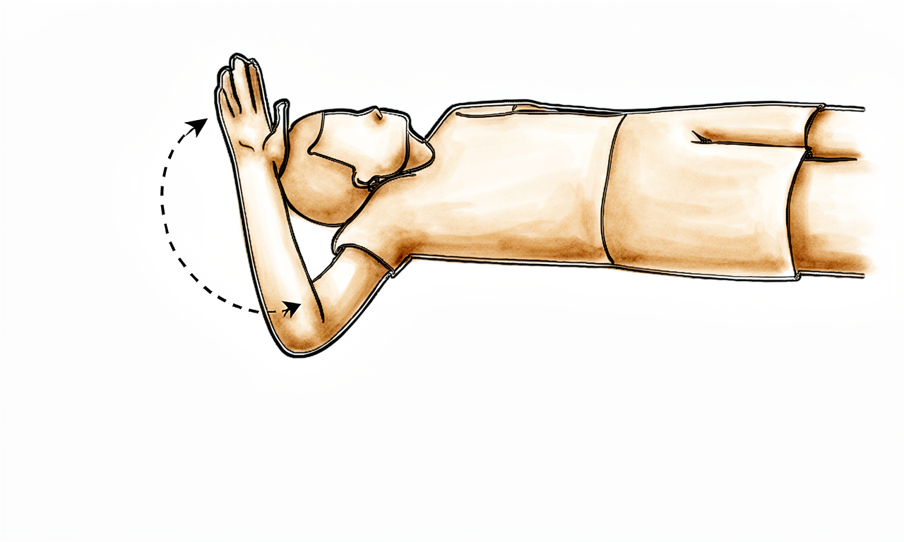 Lying on the back with the upper arm supported out to the side and elbow bent, the forearm rotates gently backwards.