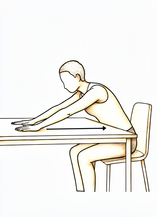 Seated at a table with the hand sliding forward along the surface.