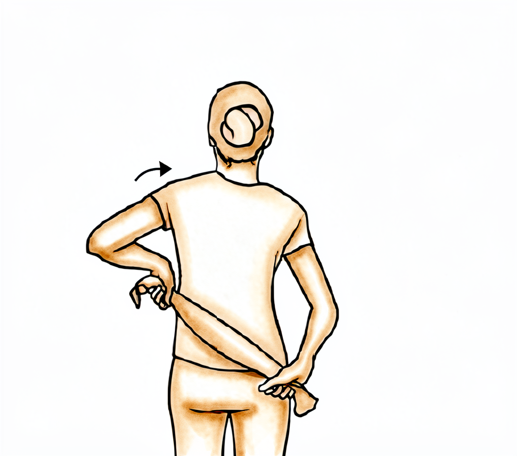 Holding a towel behind the back, the upper hand gently drawing the lower hand up the back.