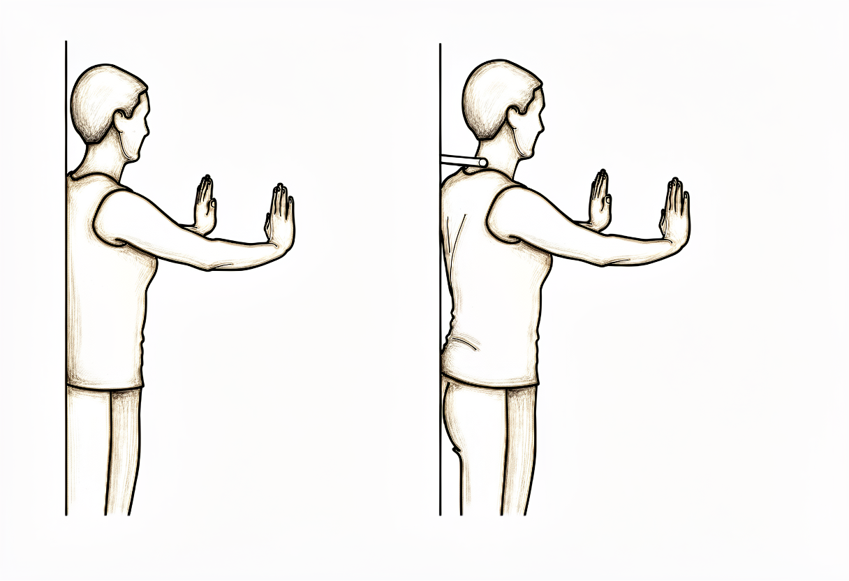 Standing with hands flat on a wall at shoulder height, arms straight.